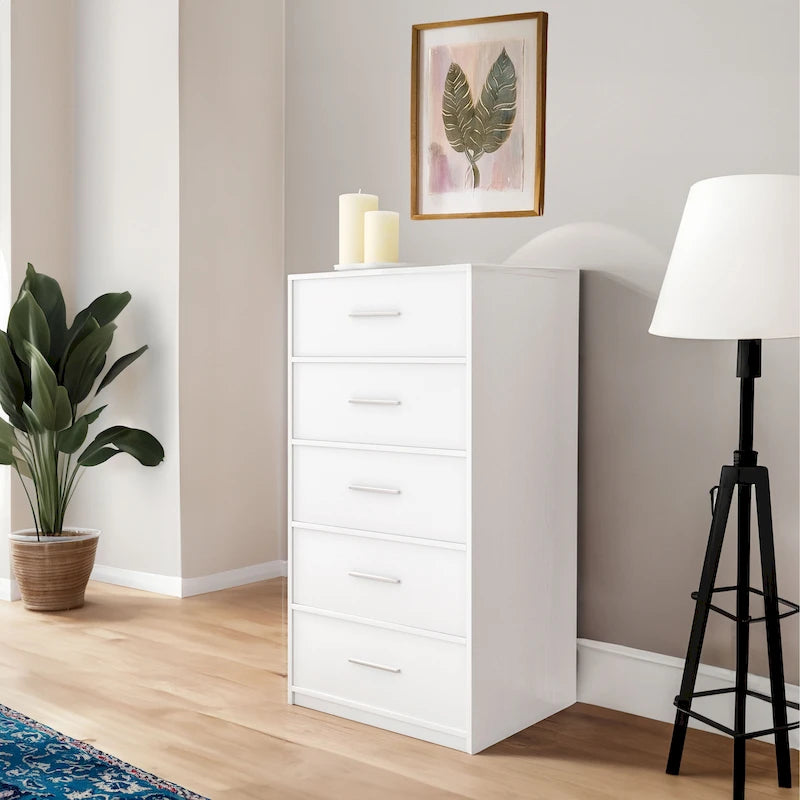 Commode moderne à 5 tiroirs en tissu avec cadre en bois robuste