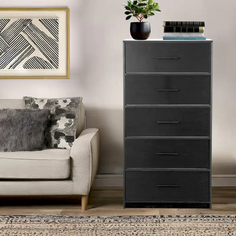 Commode moderne à 5 tiroirs en tissu avec cadre en bois robuste