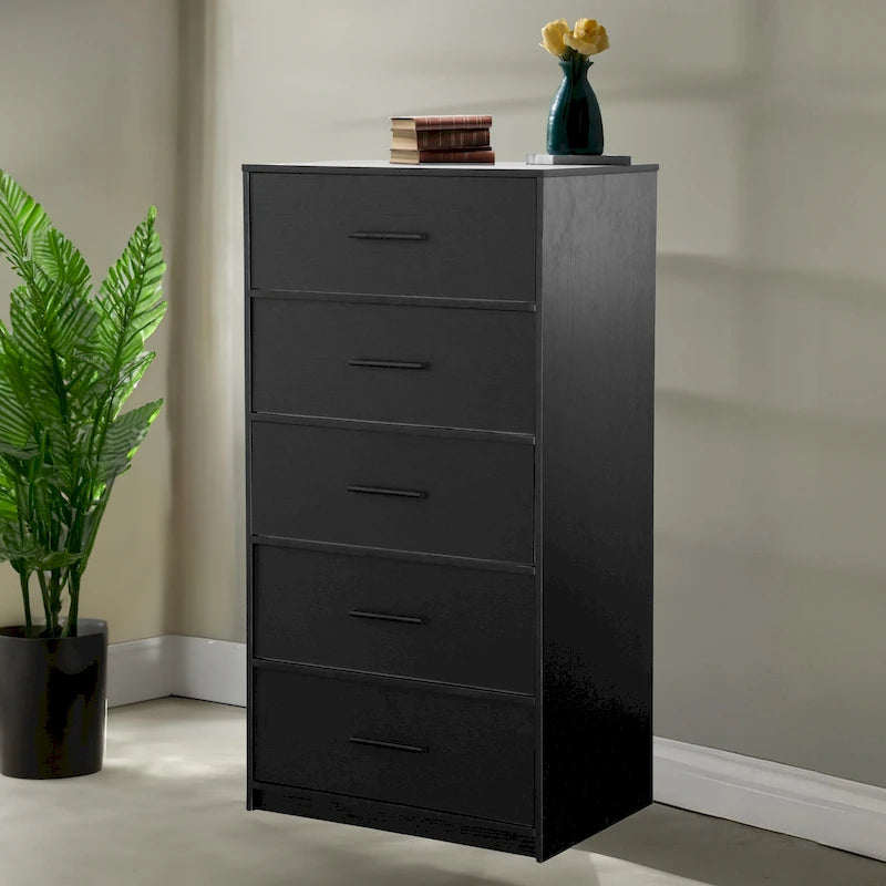 Commode moderne à 5 tiroirs en tissu avec cadre en bois robuste