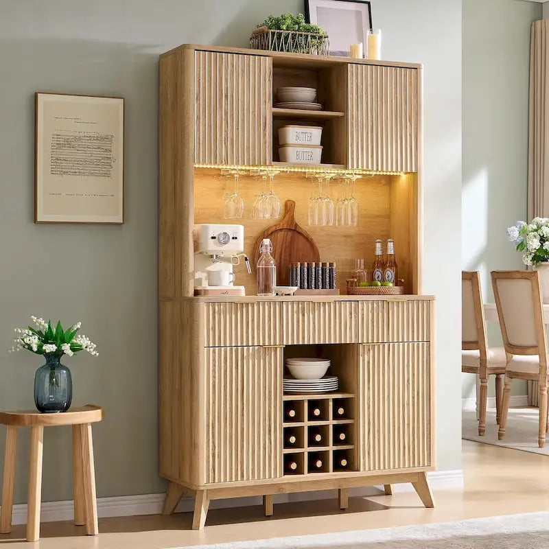 72 Wine Bar Cabinet, Modern Wood Coffee Bar Cabinet with LED Lights - N/A