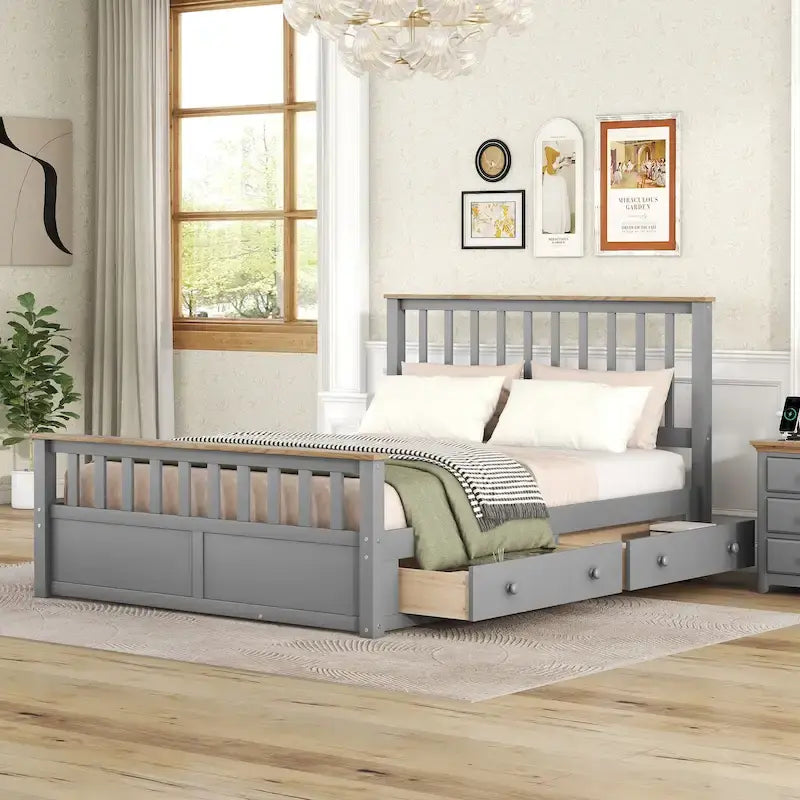 Lit plateforme Queen gris en pin naturel avec tiroirs et tête de lit en bois