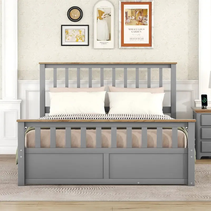 Lit plateforme Queen gris en pin naturel avec tiroirs et tête de lit en bois