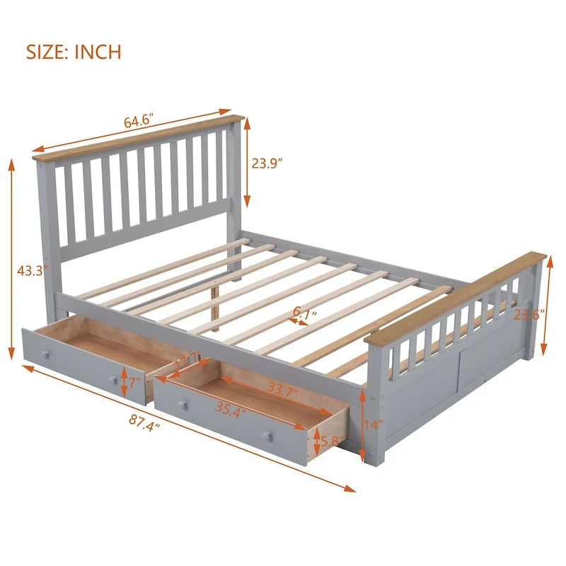 Lit plateforme Queen gris en pin naturel avec tiroirs et tête de lit en bois
