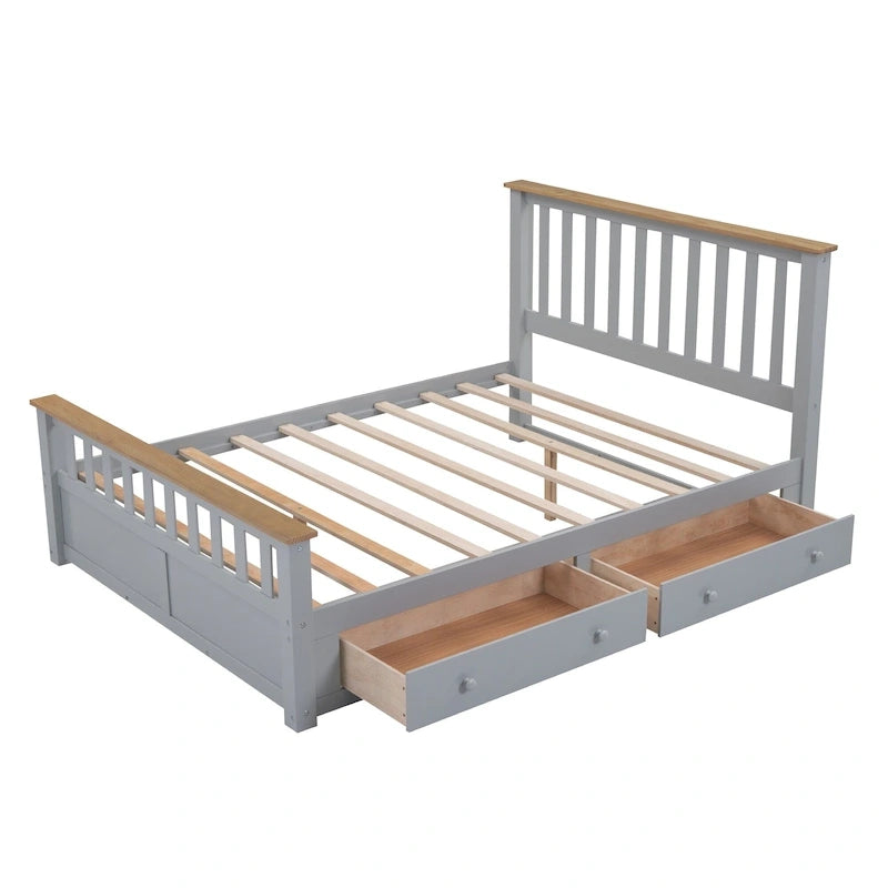 Lit plateforme Queen gris en pin naturel avec tiroirs et tête de lit en bois