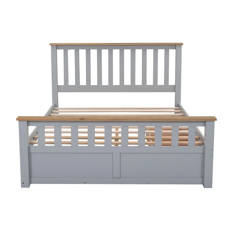 Lit plateforme Queen gris en pin naturel avec tiroirs et tête de lit en bois