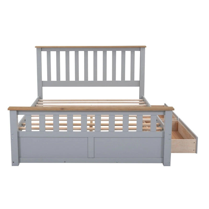 Lit plateforme Queen gris en pin naturel avec tiroirs et tête de lit en bois