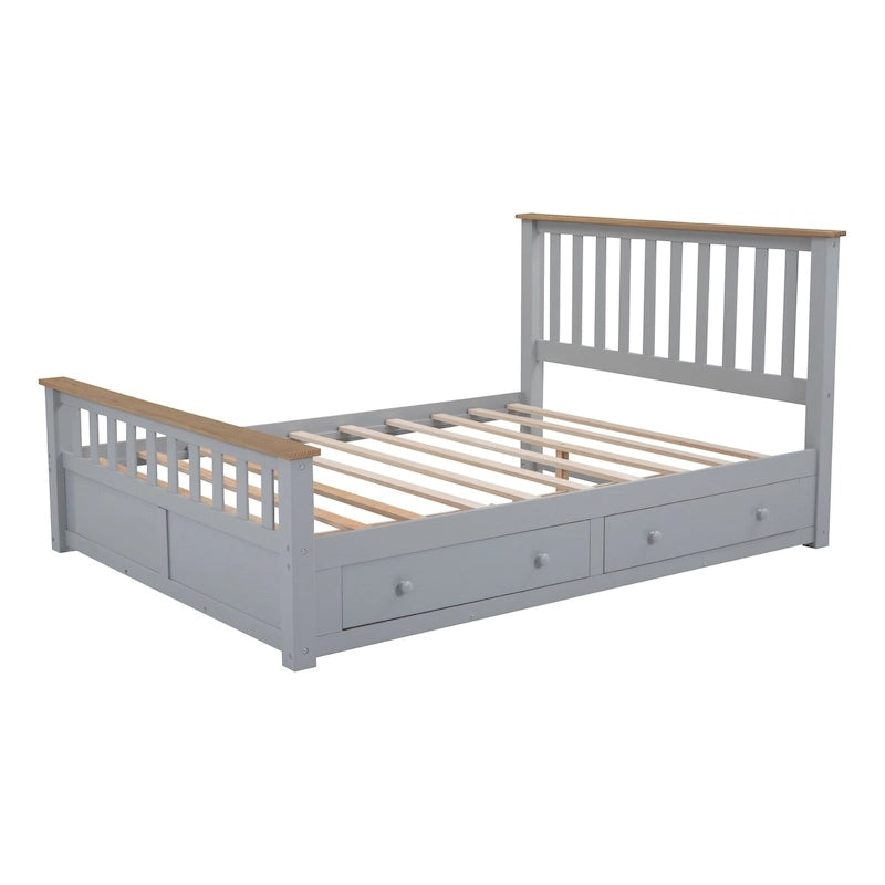 Lit plateforme Queen gris en pin naturel avec tiroirs et tête de lit en bois