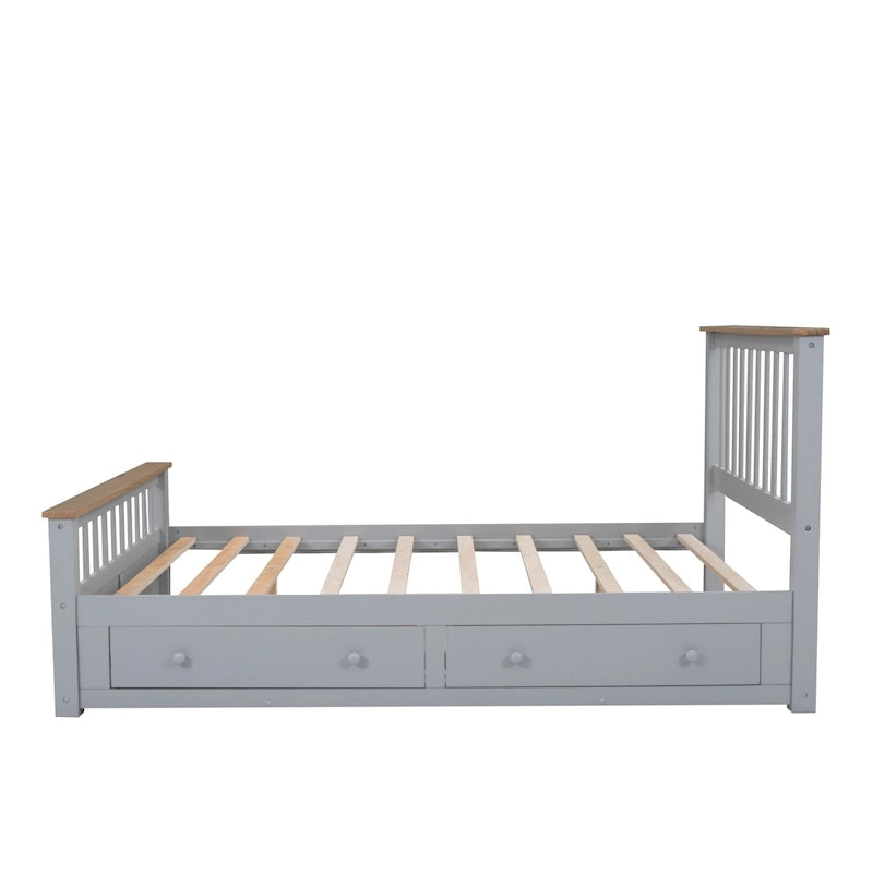 Lit plateforme Queen gris en pin naturel avec tiroirs et tête de lit en bois