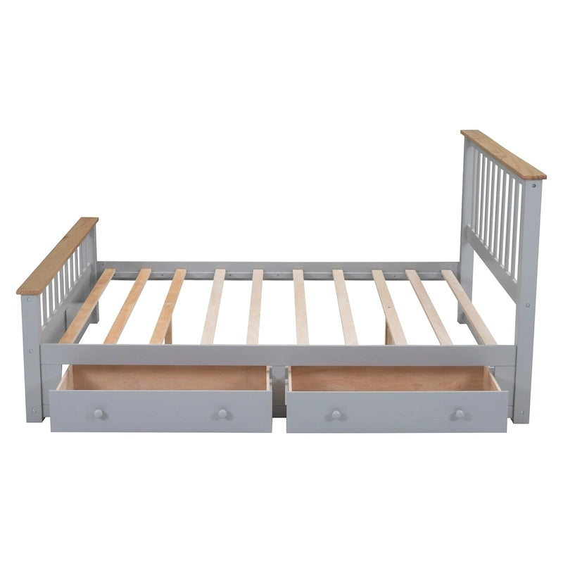 Lit plateforme Queen gris en pin naturel avec tiroirs et tête de lit en bois