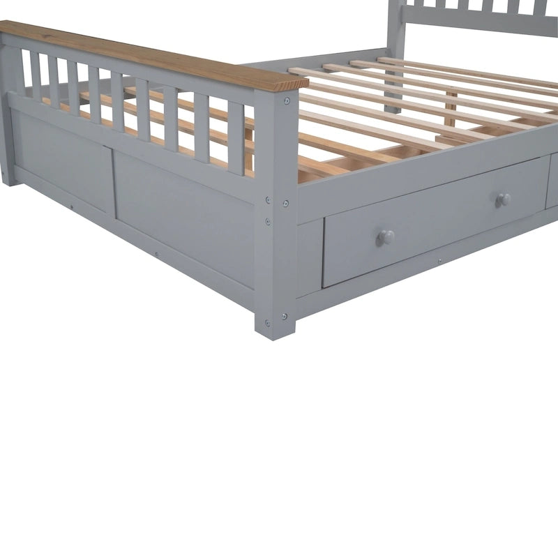 Lit plateforme Queen gris en pin naturel avec tiroirs et tête de lit en bois