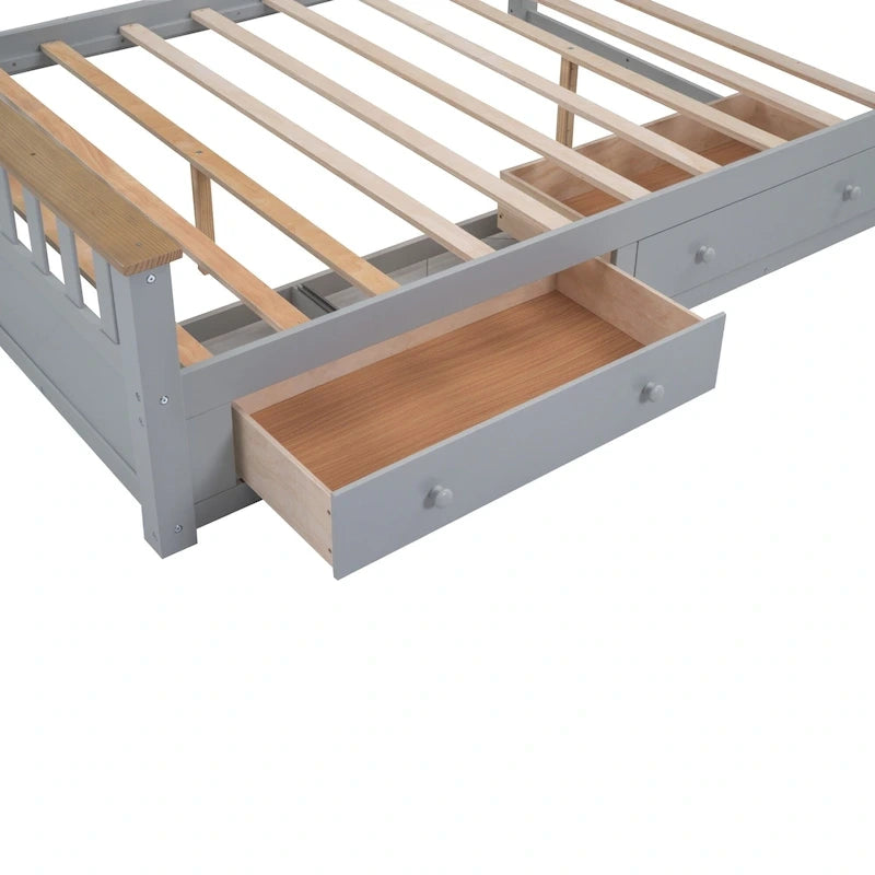 Lit plateforme Queen gris en pin naturel avec tiroirs et tête de lit en bois