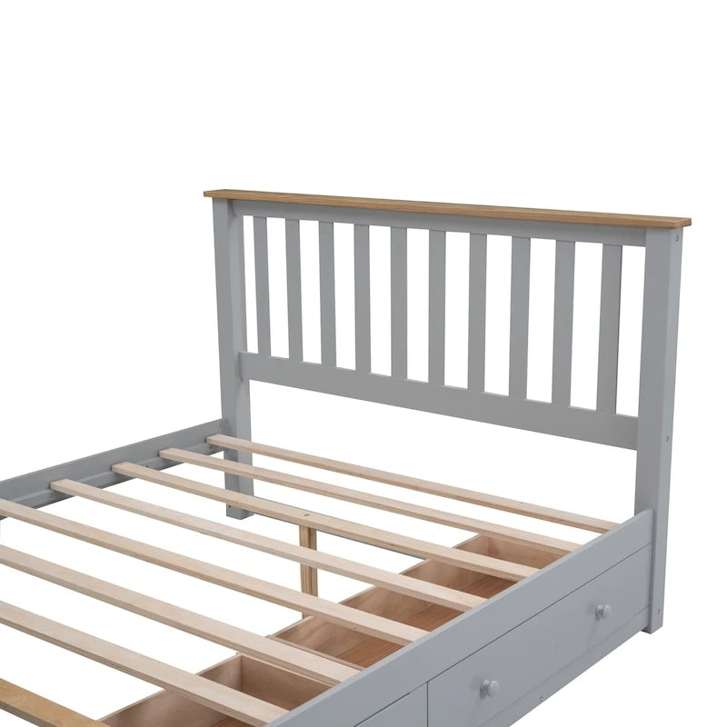 Lit plateforme Queen gris en pin naturel avec tiroirs et tête de lit en bois