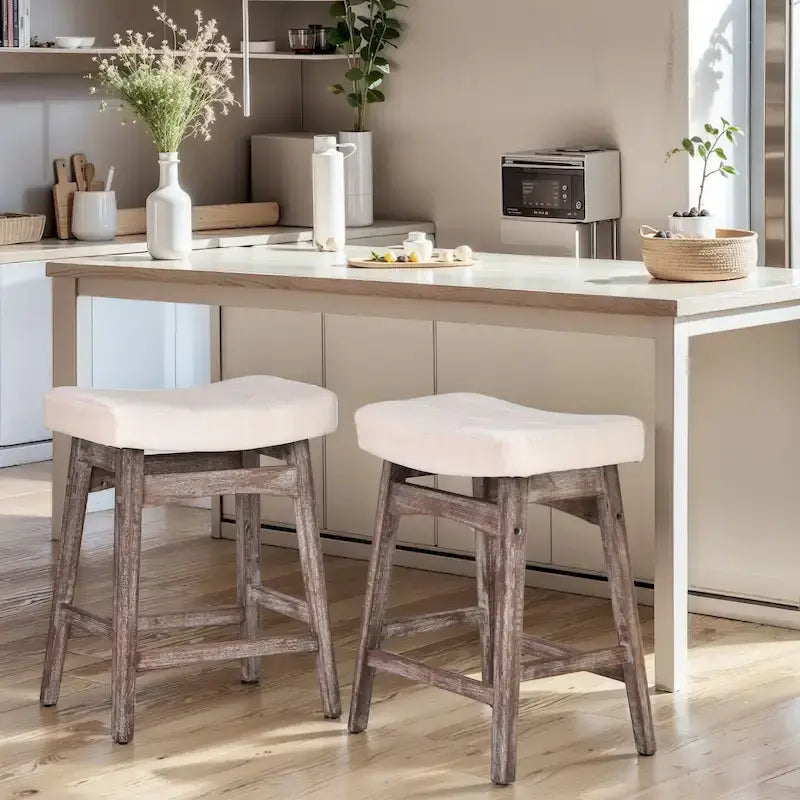 Tabourets de bar 24 pouces en bois massif avec coussin en tissu lin/similicuir, lot de 2