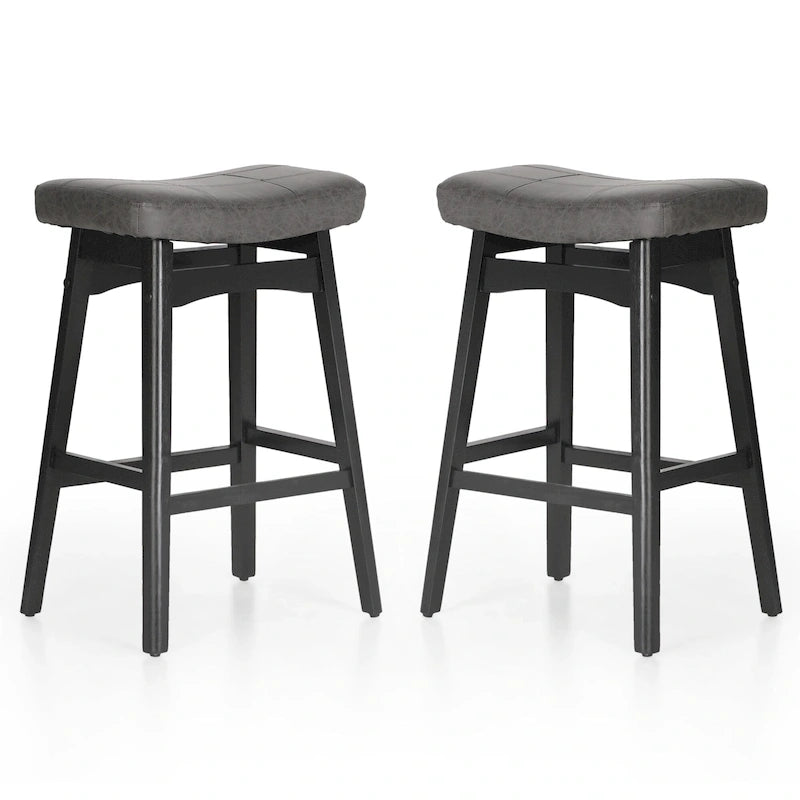 Tabourets de bar 24 pouces en bois massif avec coussin en tissu lin/similicuir, lot de 2