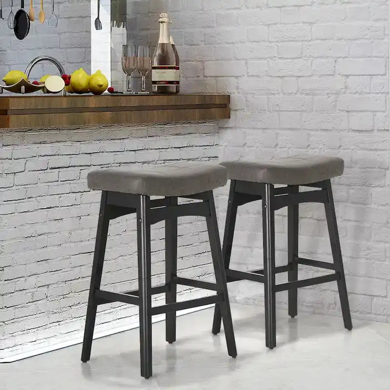 Tabourets de bar 24 pouces en bois massif avec coussin en tissu lin/similicuir, lot de 2