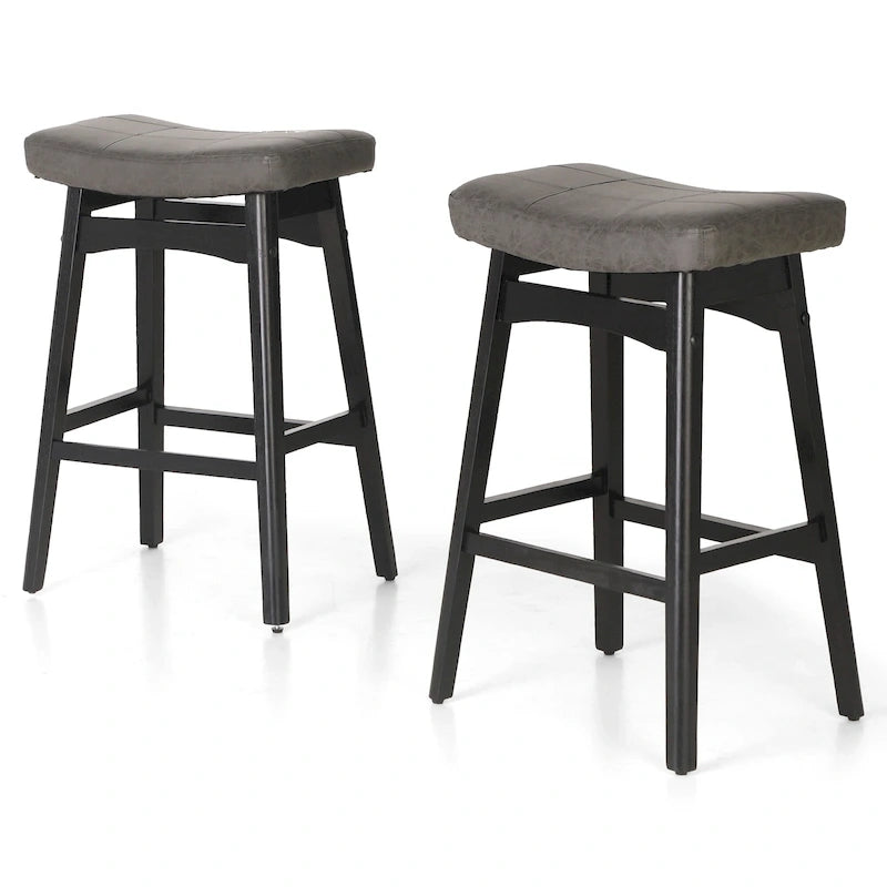 Tabourets de bar 24 pouces en bois massif avec coussin en tissu lin/similicuir, lot de 2