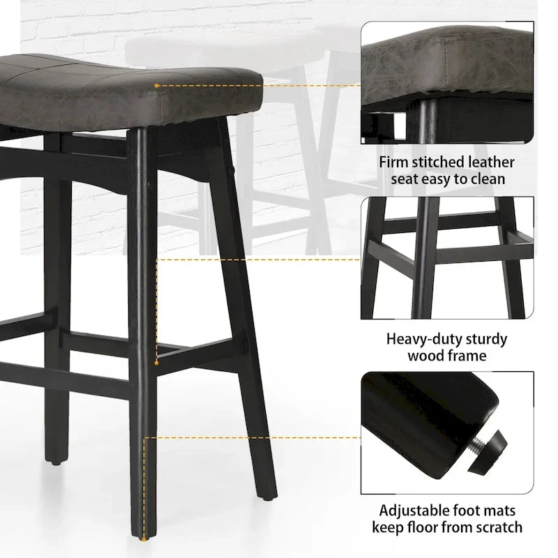 Tabourets de bar 24 pouces en bois massif avec coussin en tissu lin/similicuir, lot de 2