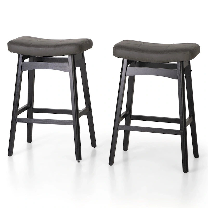 Tabourets de bar 24 pouces en bois massif avec coussin en tissu lin/similicuir, lot de 2