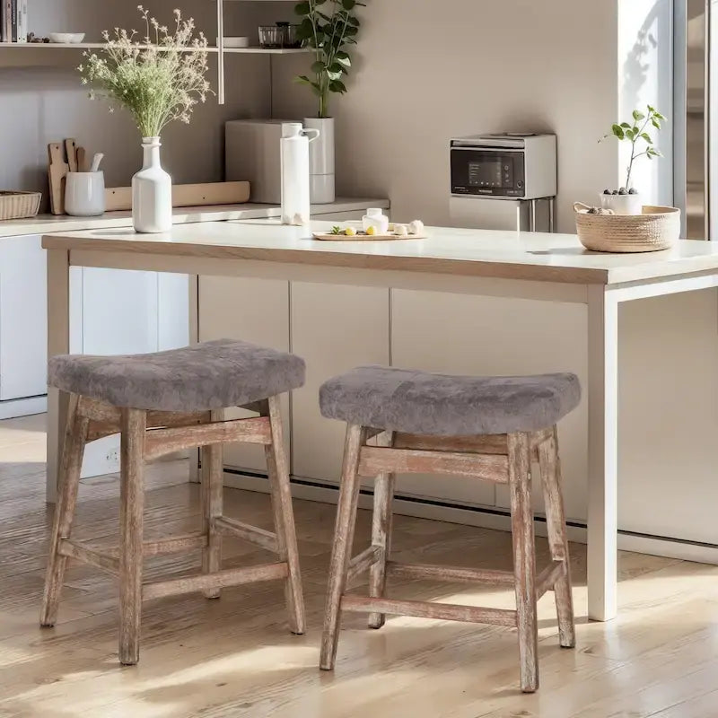 Tabourets de bar 24 pouces en bois massif avec coussin en tissu lin/similicuir, lot de 2