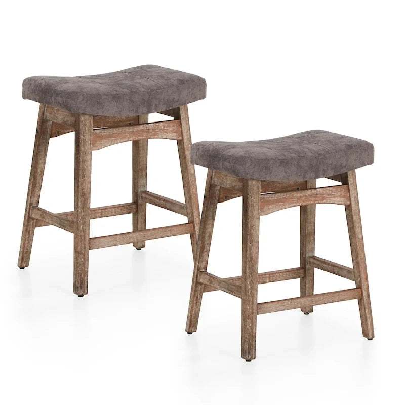 Tabourets de bar 24 pouces en bois massif avec coussin en tissu lin/similicuir, lot de 2