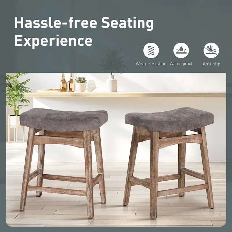 Tabourets de bar 24 pouces en bois massif avec coussin en tissu lin/similicuir, lot de 2