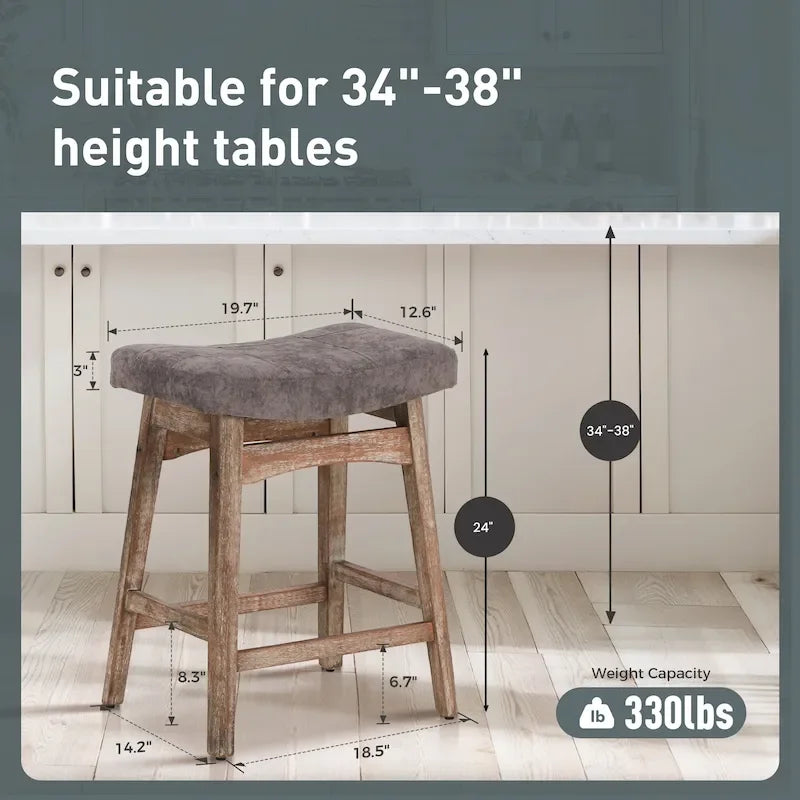 Tabourets de bar 24 pouces en bois massif avec coussin en tissu lin/similicuir, lot de 2