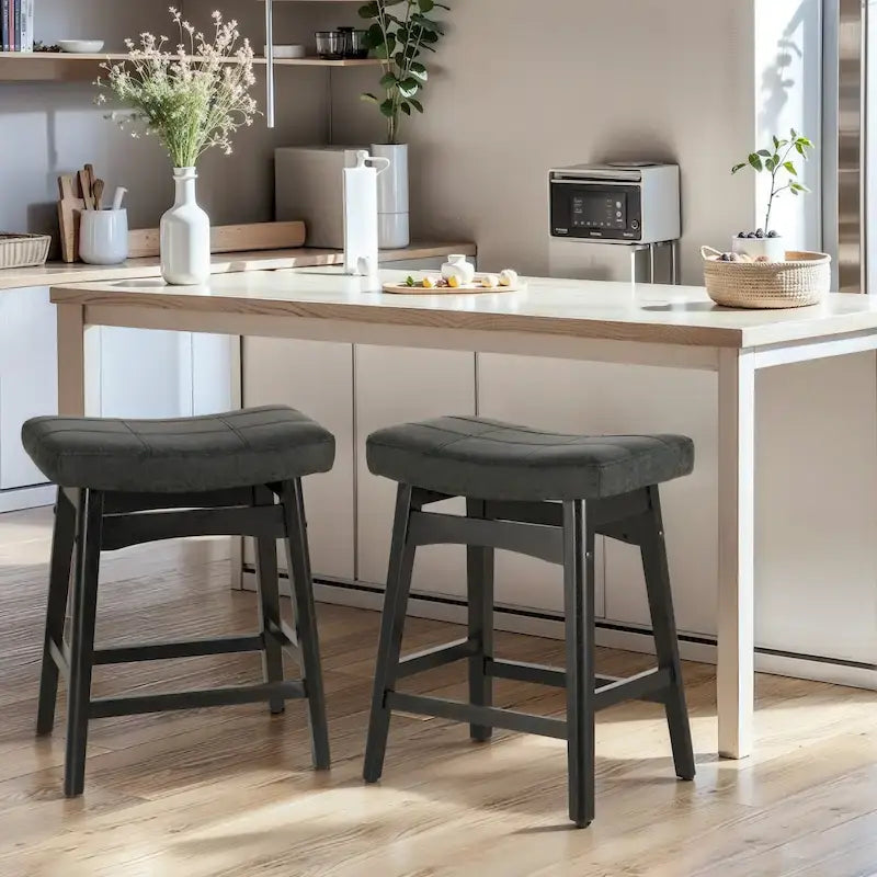 Tabourets de bar 24 pouces en bois massif avec coussin en tissu lin/similicuir, lot de 2