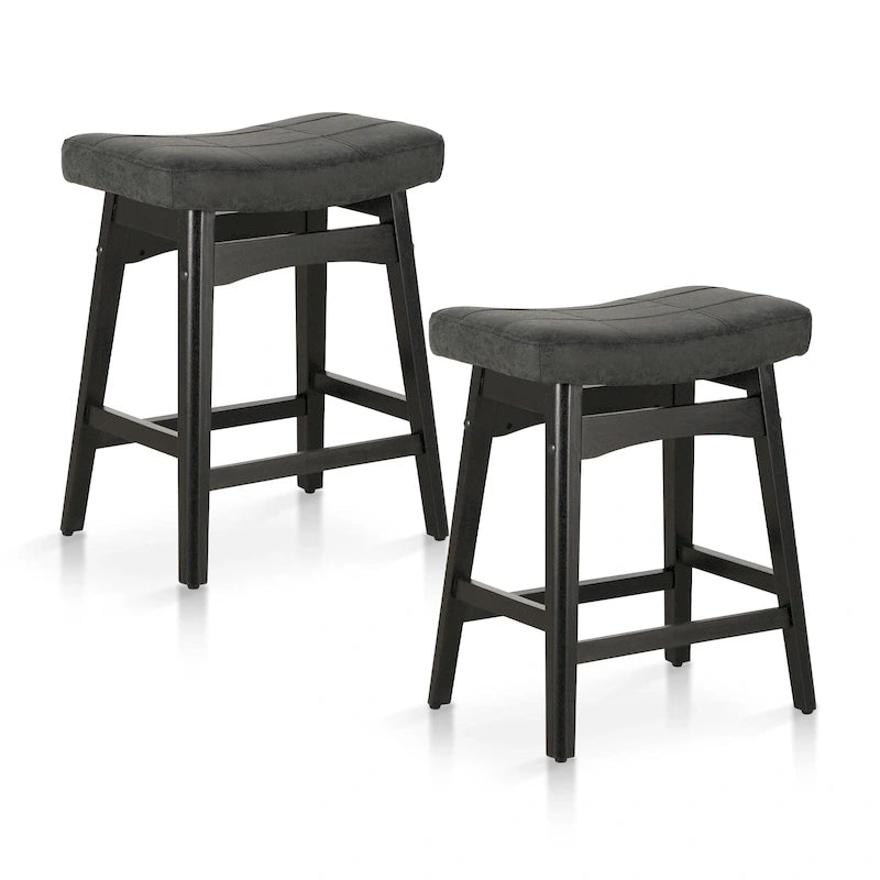 Tabourets de bar 24 pouces en bois massif avec coussin en tissu lin/similicuir, lot de 2