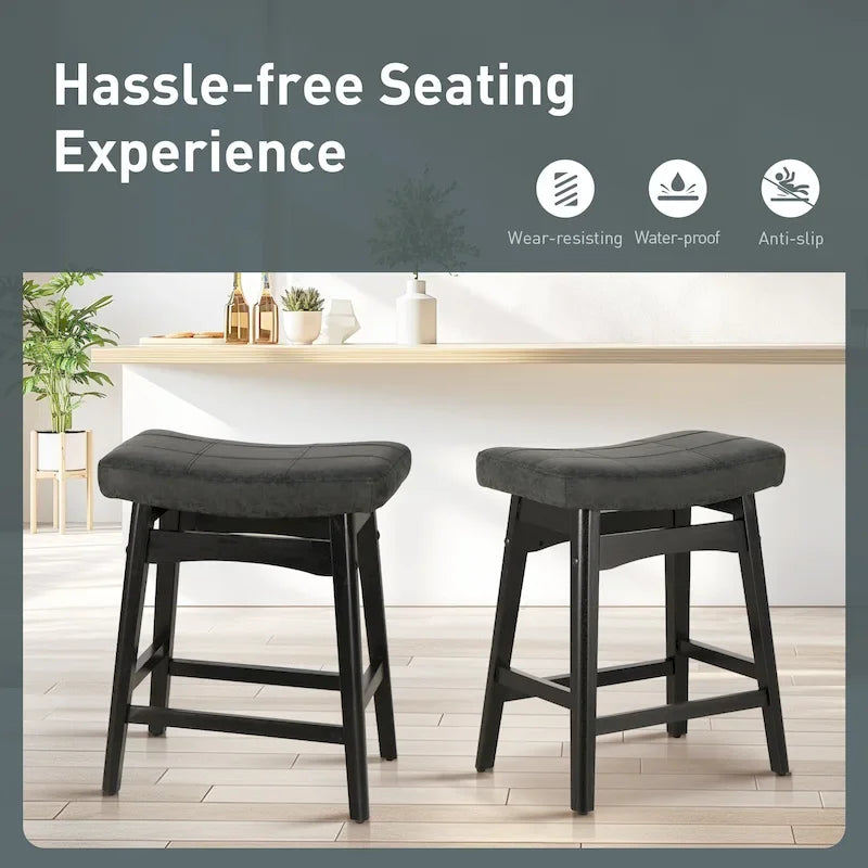 Tabourets de bar 24 pouces en bois massif avec coussin en tissu lin/similicuir, lot de 2