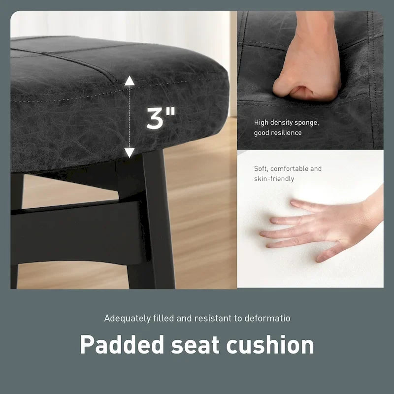 Tabourets de bar 24 pouces en bois massif avec coussin en tissu lin/similicuir, lot de 2