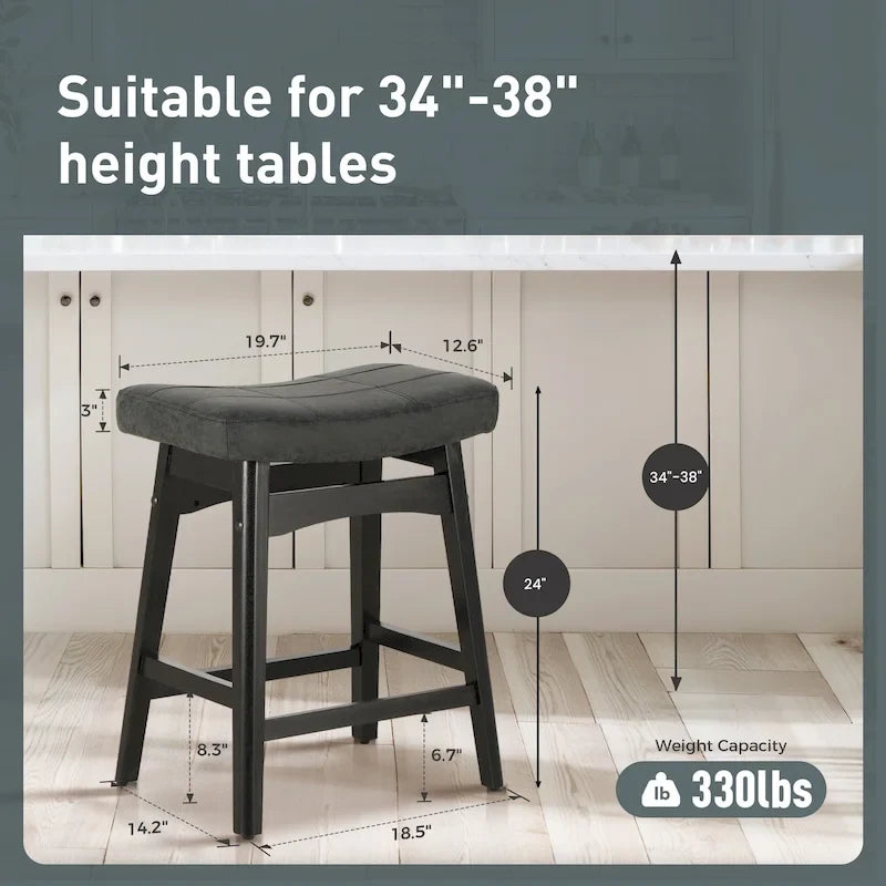 Tabourets de bar 24 pouces en bois massif avec coussin en tissu lin/similicuir, lot de 2