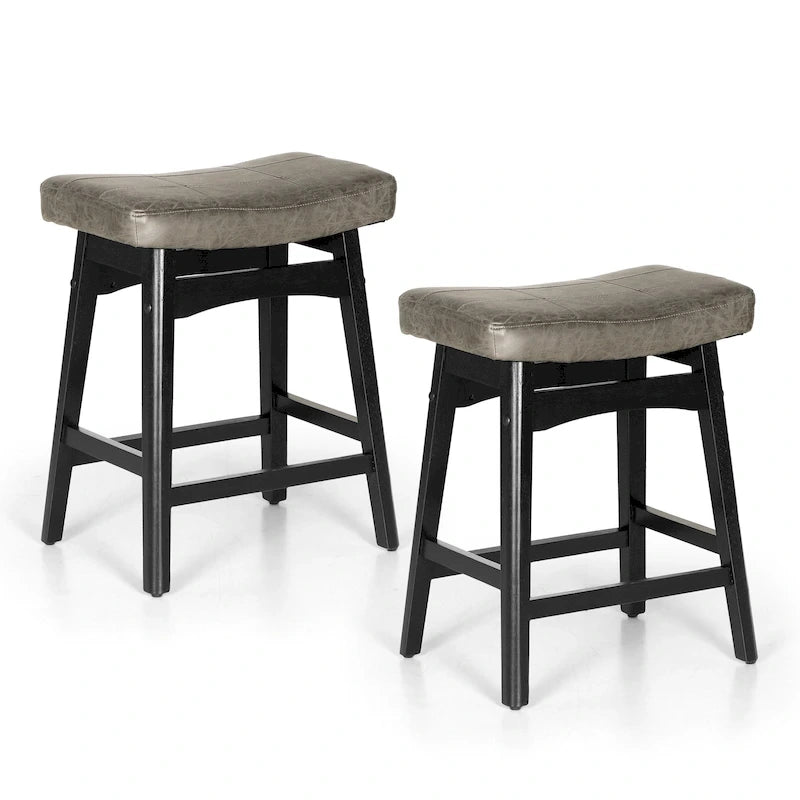 Tabourets de bar 24 pouces en bois massif avec coussin en tissu lin/similicuir, lot de 2