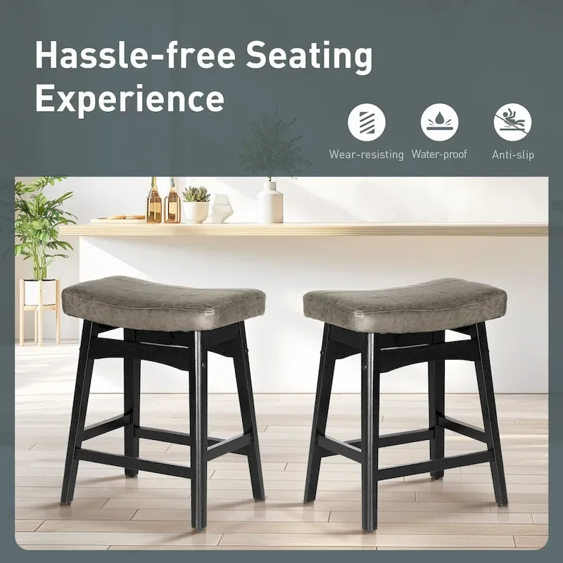 Tabourets de bar 24 pouces en bois massif avec coussin en tissu lin/similicuir, lot de 2