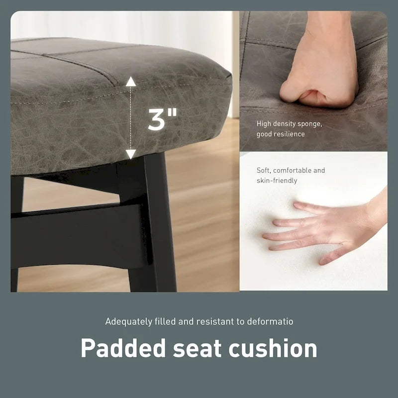 Tabourets de bar 24 pouces en bois massif avec coussin en tissu lin/similicuir, lot de 2