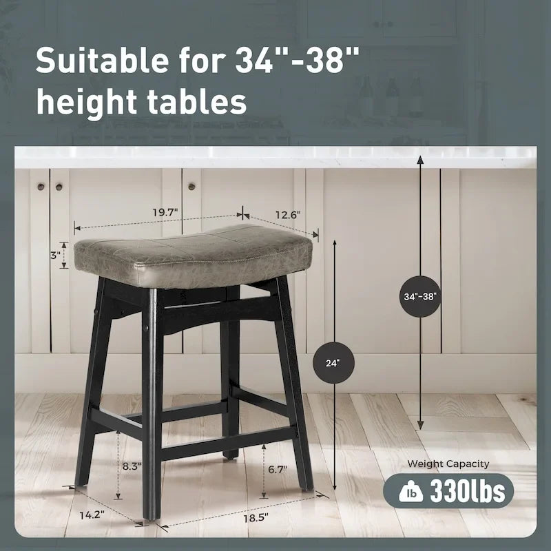 Tabourets de bar 24 pouces en bois massif avec coussin en tissu lin/similicuir, lot de 2
