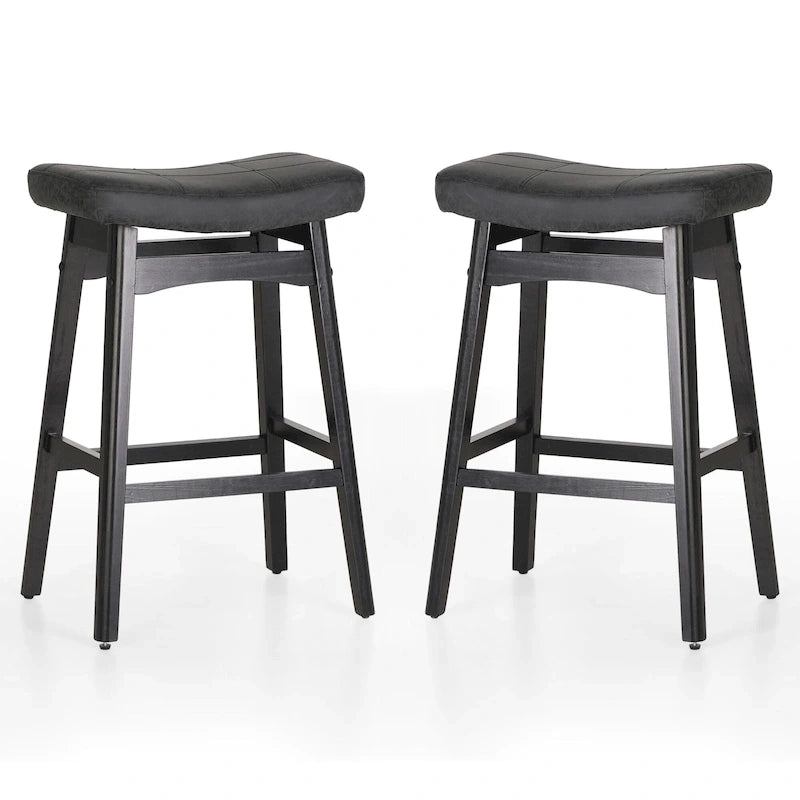 Tabourets de bar 24 pouces en bois massif avec coussin en tissu lin/similicuir, lot de 2