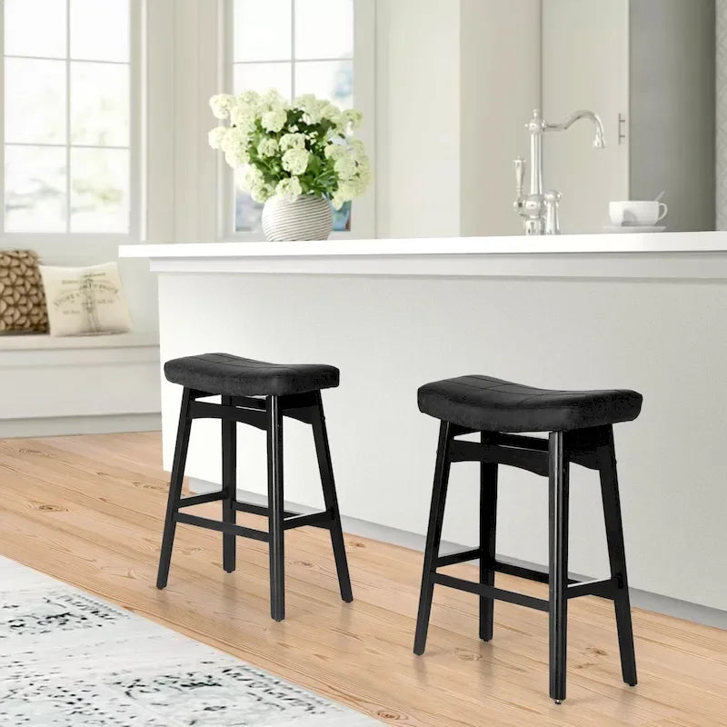 Tabourets de bar 24 pouces en bois massif avec coussin en tissu lin/similicuir, lot de 2