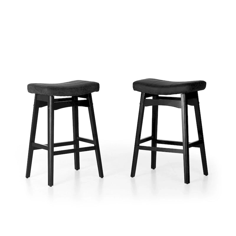 Tabourets de bar 24 pouces en bois massif avec coussin en tissu lin/similicuir, lot de 2