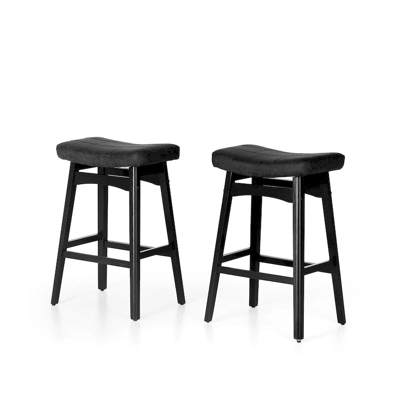 Tabourets de bar 24 pouces en bois massif avec coussin en tissu lin/similicuir, lot de 2