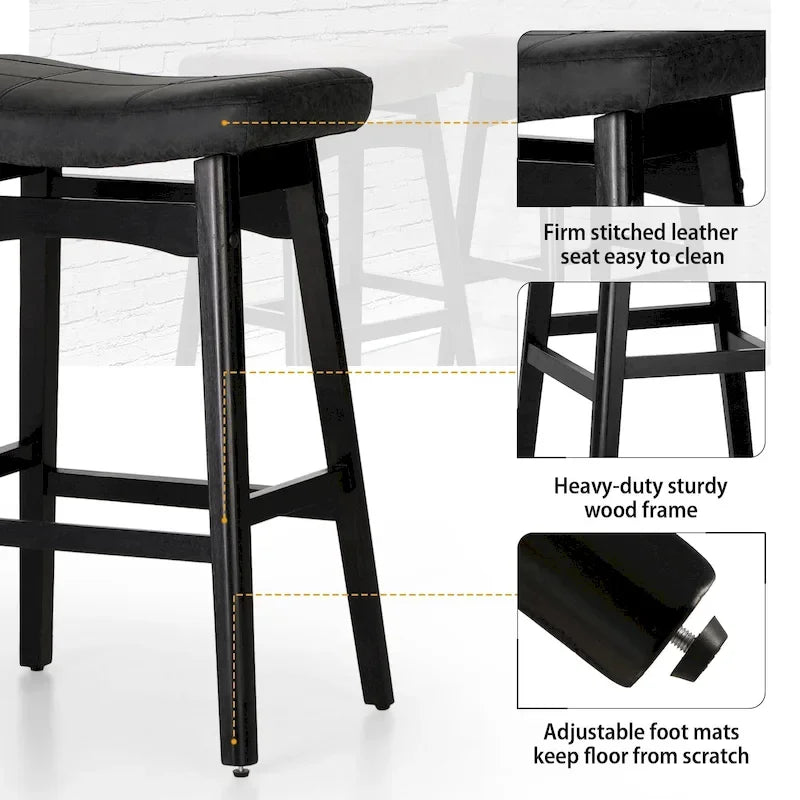 Tabourets de bar 24 pouces en bois massif avec coussin en tissu lin/similicuir, lot de 2