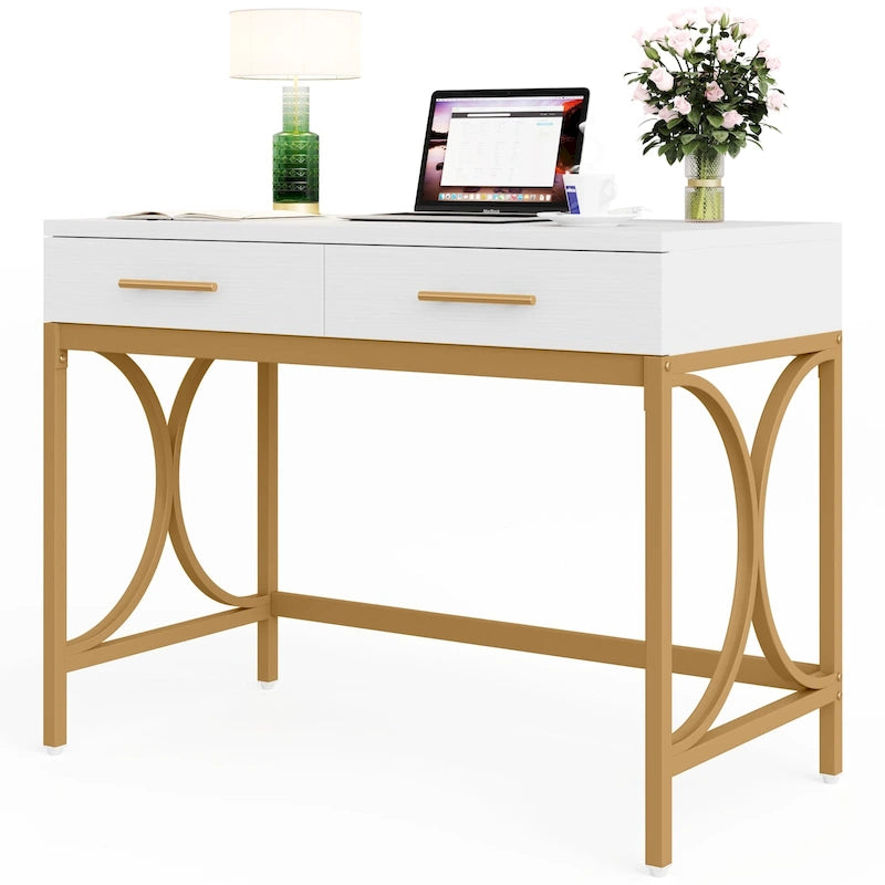 Bureau informatique moderne avec 2 tiroirs, Bureau de maison/bureau blanc et doré, Coiffeuse/Table de maquillage