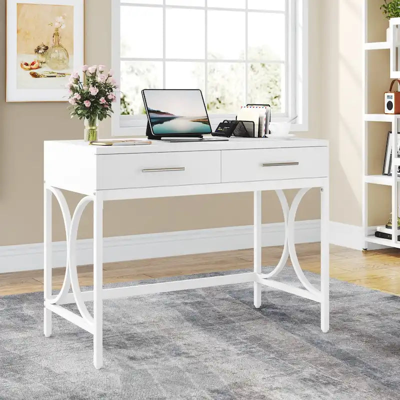 Bureau informatique moderne avec 2 tiroirs, Bureau de maison/bureau blanc et doré, Coiffeuse/Table de maquillage
