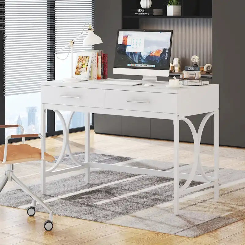 Bureau informatique moderne avec 2 tiroirs, Bureau de maison/bureau blanc et doré, Coiffeuse/Table de maquillage