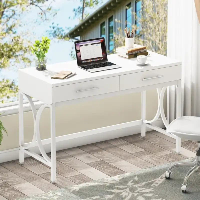 Bureau informatique moderne avec 2 tiroirs, Bureau de maison/bureau blanc et doré, Coiffeuse/Table de maquillage