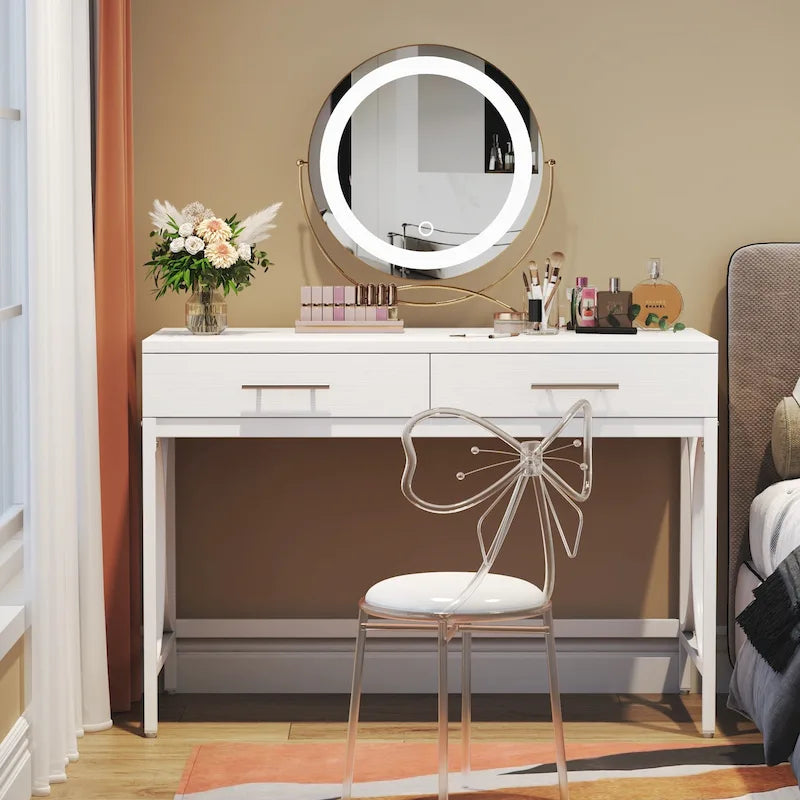 Bureau informatique moderne avec 2 tiroirs, Bureau de maison/bureau blanc et doré, Coiffeuse/Table de maquillage