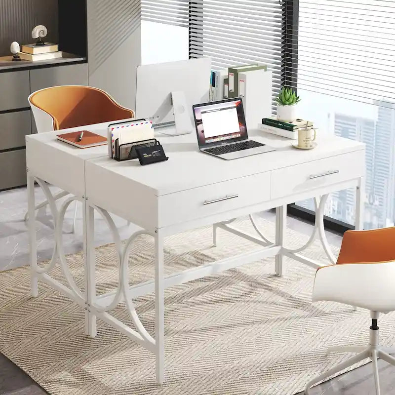 Bureau informatique moderne avec 2 tiroirs, Bureau de maison/bureau blanc et doré, Coiffeuse/Table de maquillage