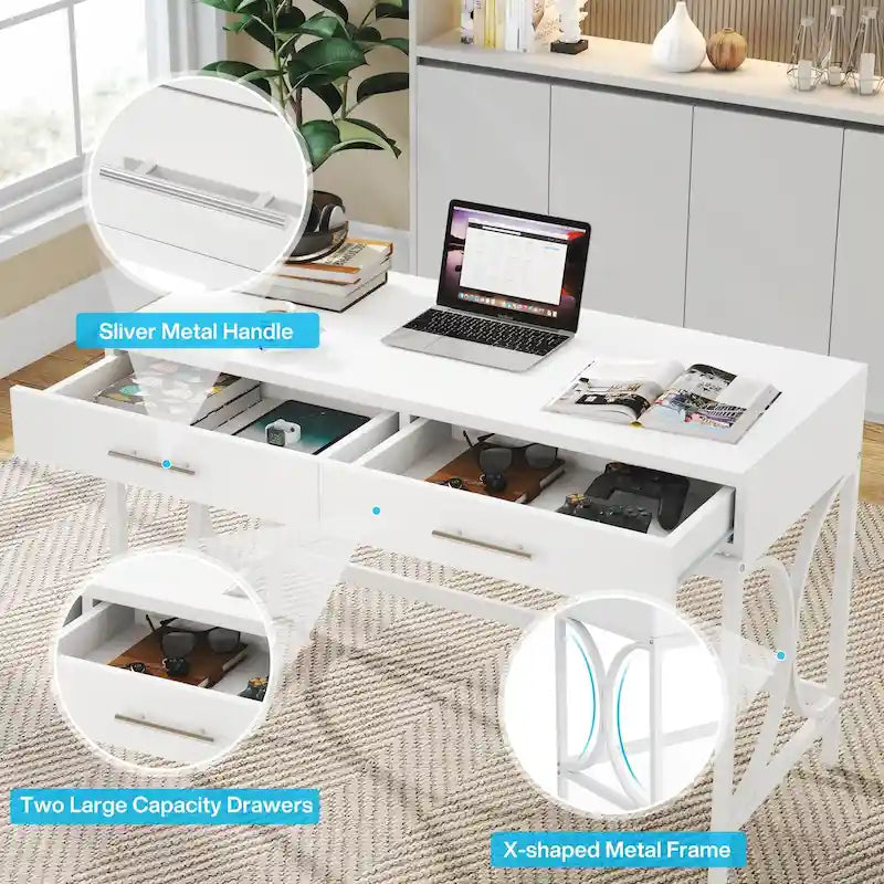 Bureau informatique moderne avec 2 tiroirs, Bureau de maison/bureau blanc et doré, Coiffeuse/Table de maquillage