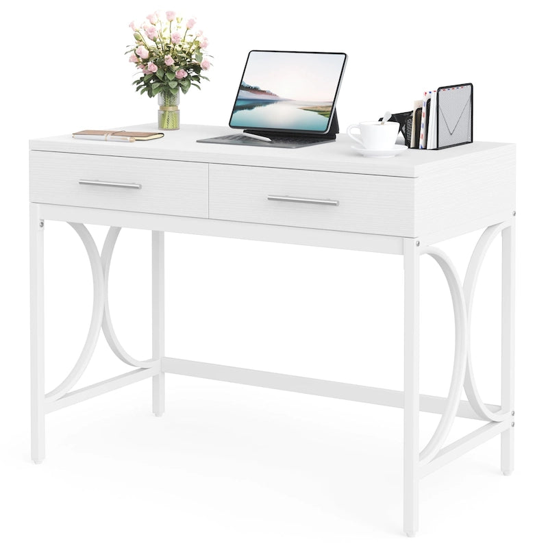 Bureau informatique moderne avec 2 tiroirs, Bureau de maison/bureau blanc et doré, Coiffeuse/Table de maquillage