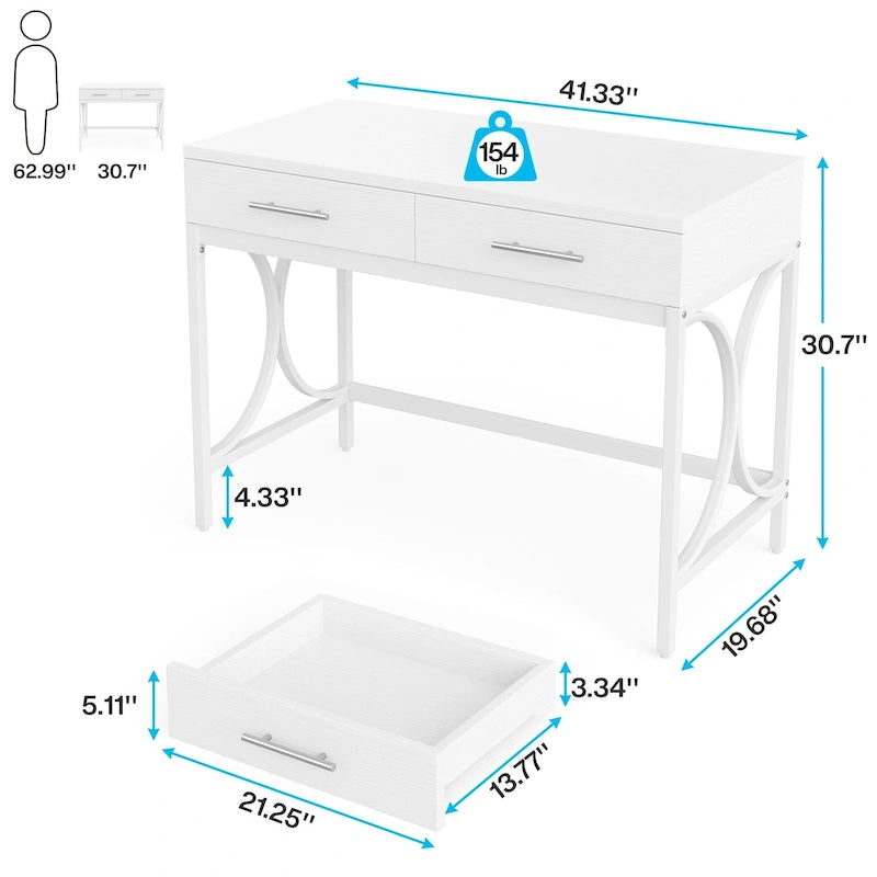 Bureau informatique moderne avec 2 tiroirs, Bureau de maison/bureau blanc et doré, Coiffeuse/Table de maquillage