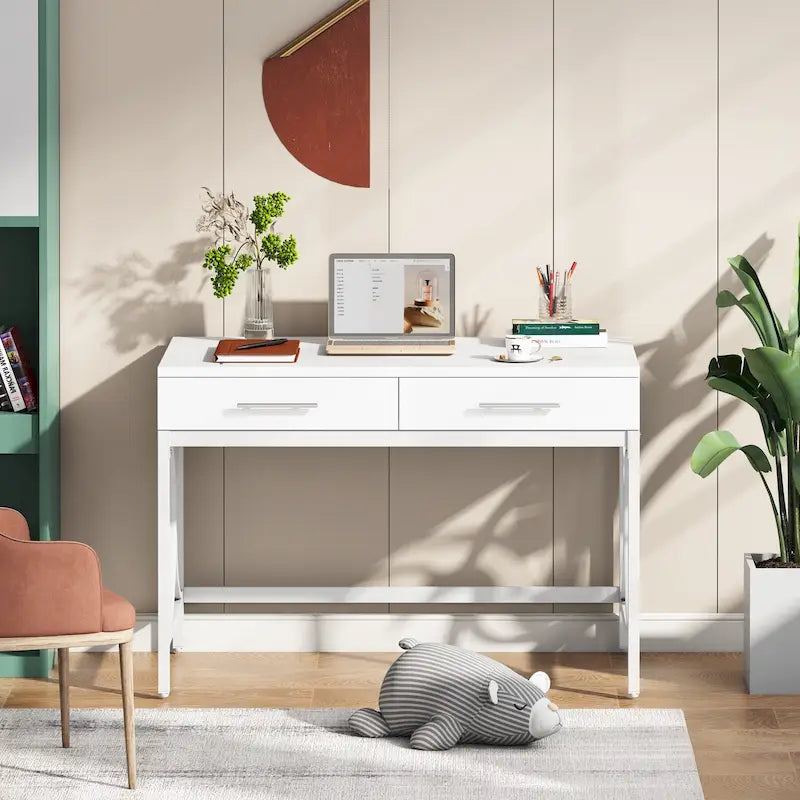 Bureau informatique moderne avec 2 tiroirs, Bureau de maison/bureau blanc et doré, Coiffeuse/Table de maquillage